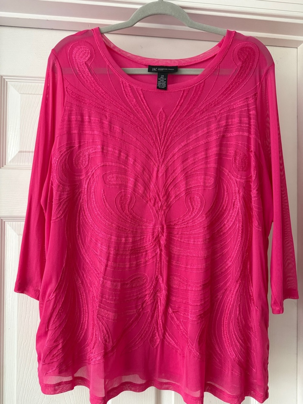 INC International Concepts Vibrant Hot Pink Embroidered Long Sleeve Top